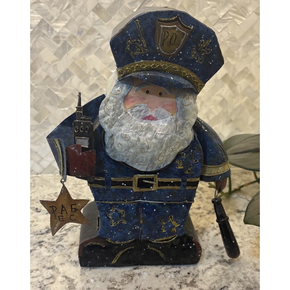 Rare Metal Police officer Santa‎ Tea light Candle Holder Christmas Decor Sheriff